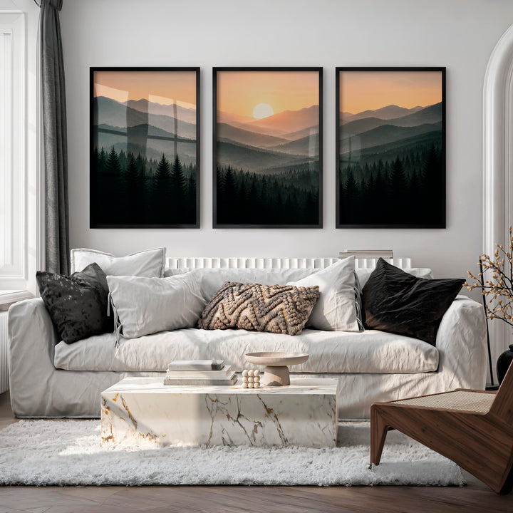 Misty Mountain Forest Japandi Artwork - Black Framed Poster No Border - Artworksets