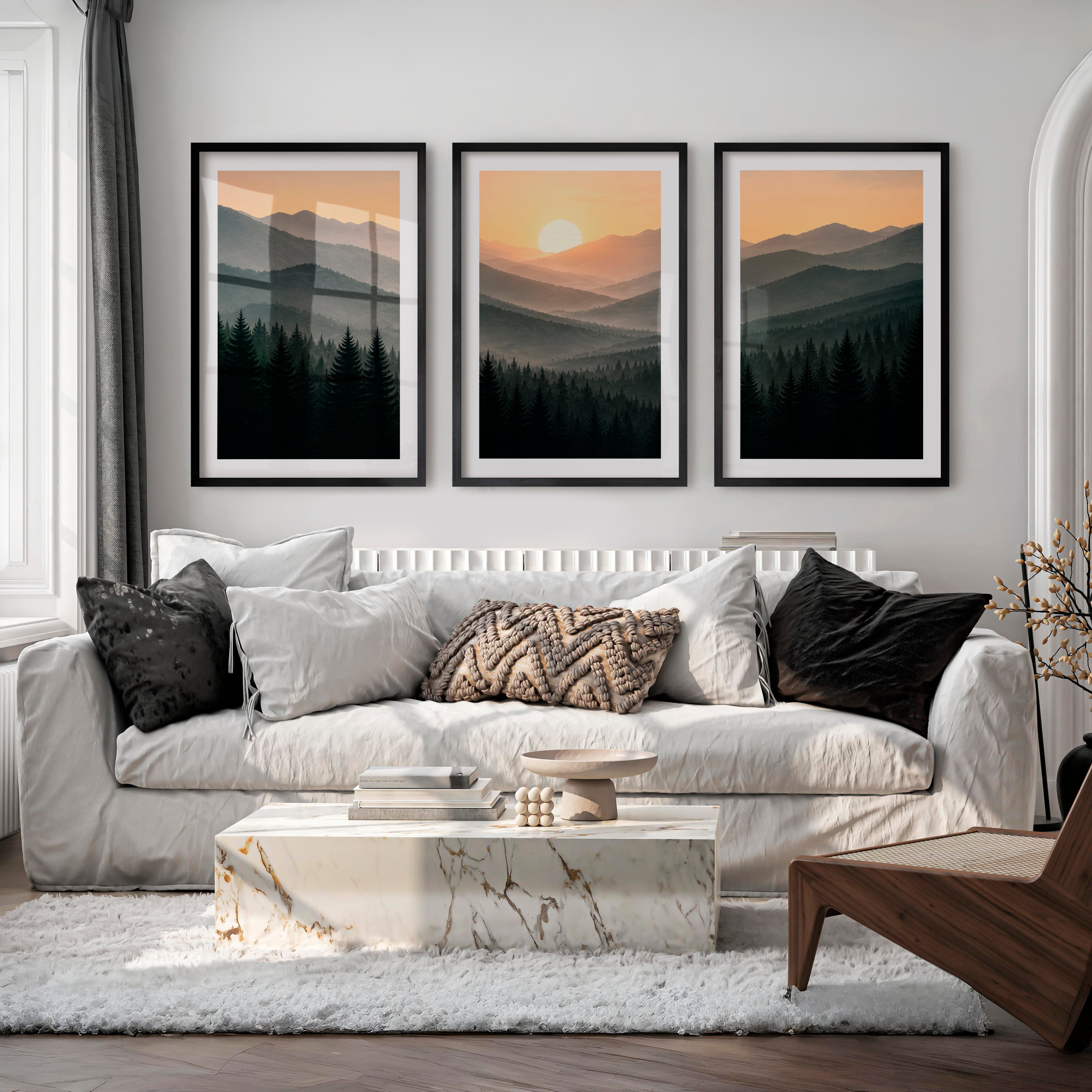 Misty Mountain Forest Japandi Artwork - Black Framed Poster with White Border - Artworksets