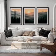 Misty Mountain Forest Japandi Artwork - Black Framed Poster with White Border - Artworksets