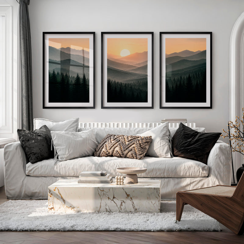 Misty Mountain Forest Japandi Artwork - Black Framed Poster with White Border - Artworksets