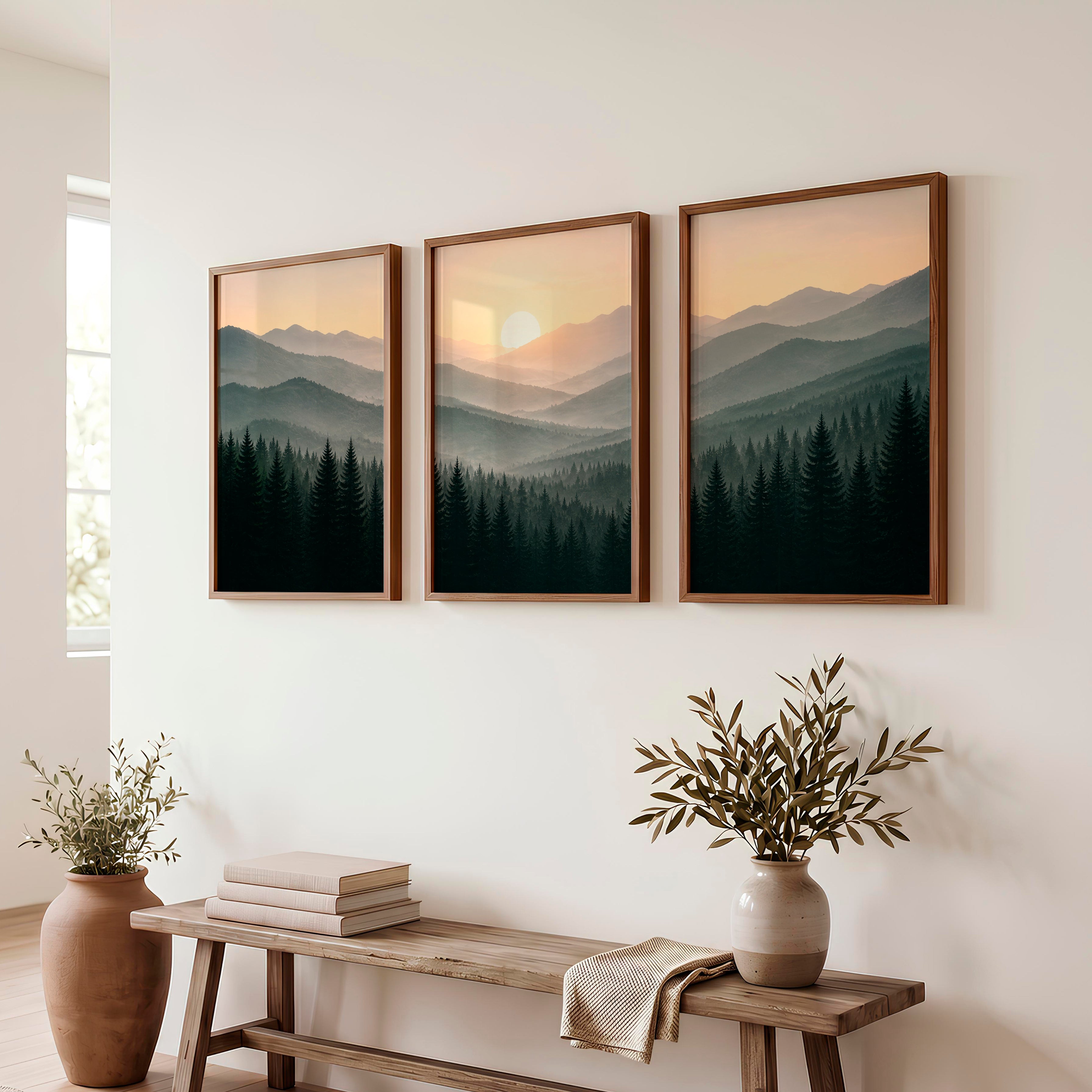 Misty Mountain Forest Japandi Artwork - Dark Brown Framed Poster No Border - Artworksets