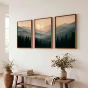 Misty Mountain Forest Japandi Artwork - Dark Brown Framed Poster No Border - Artworksets