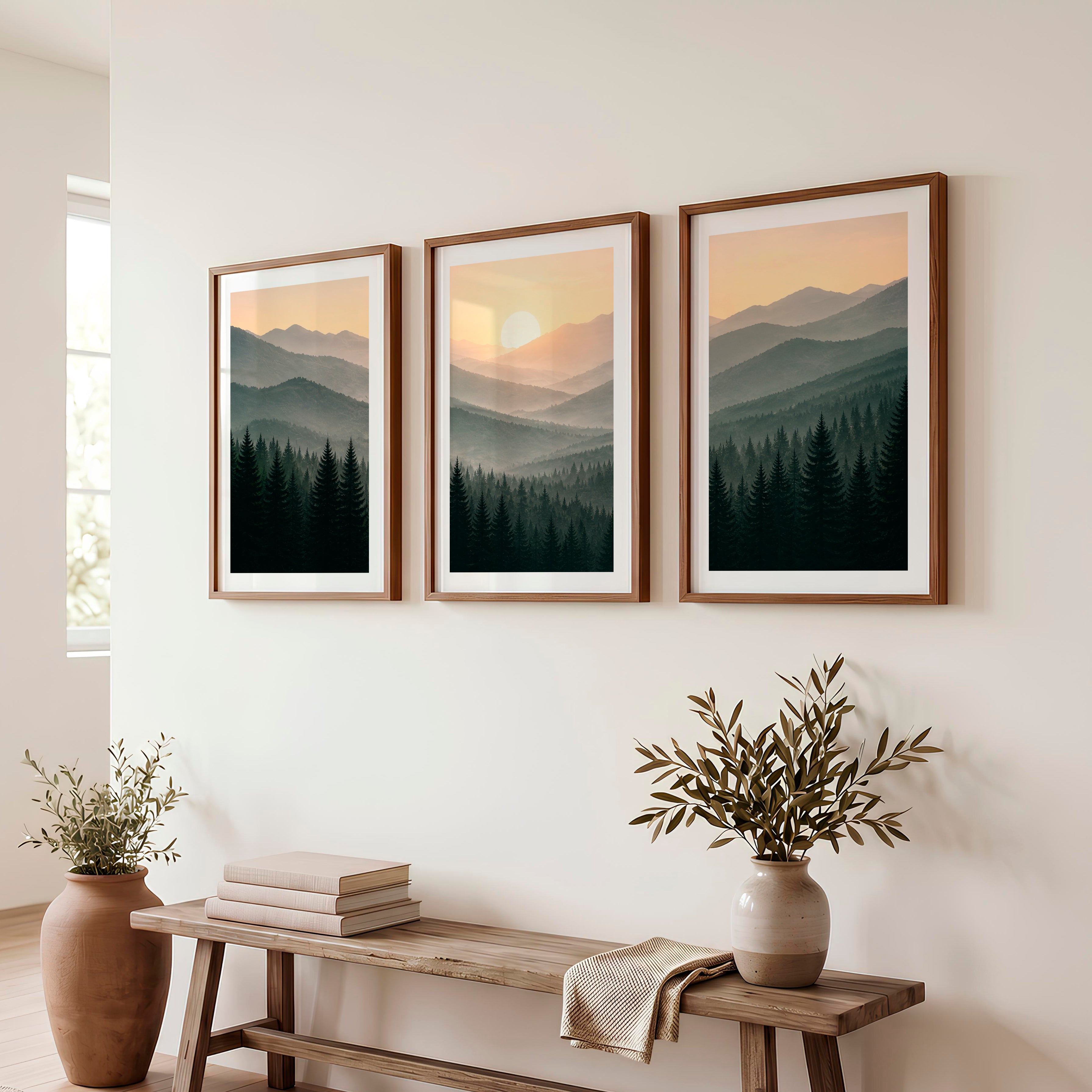 Misty Mountain Forest Japandi Artwork - Dark Brown Framed Poster with White Border - Artworksets