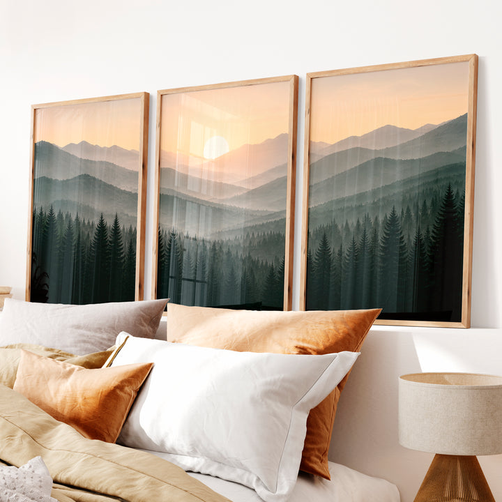 Misty Mountain Forest Japandi Artwork - Natural Wood Framed Poster No Border - Artworksets