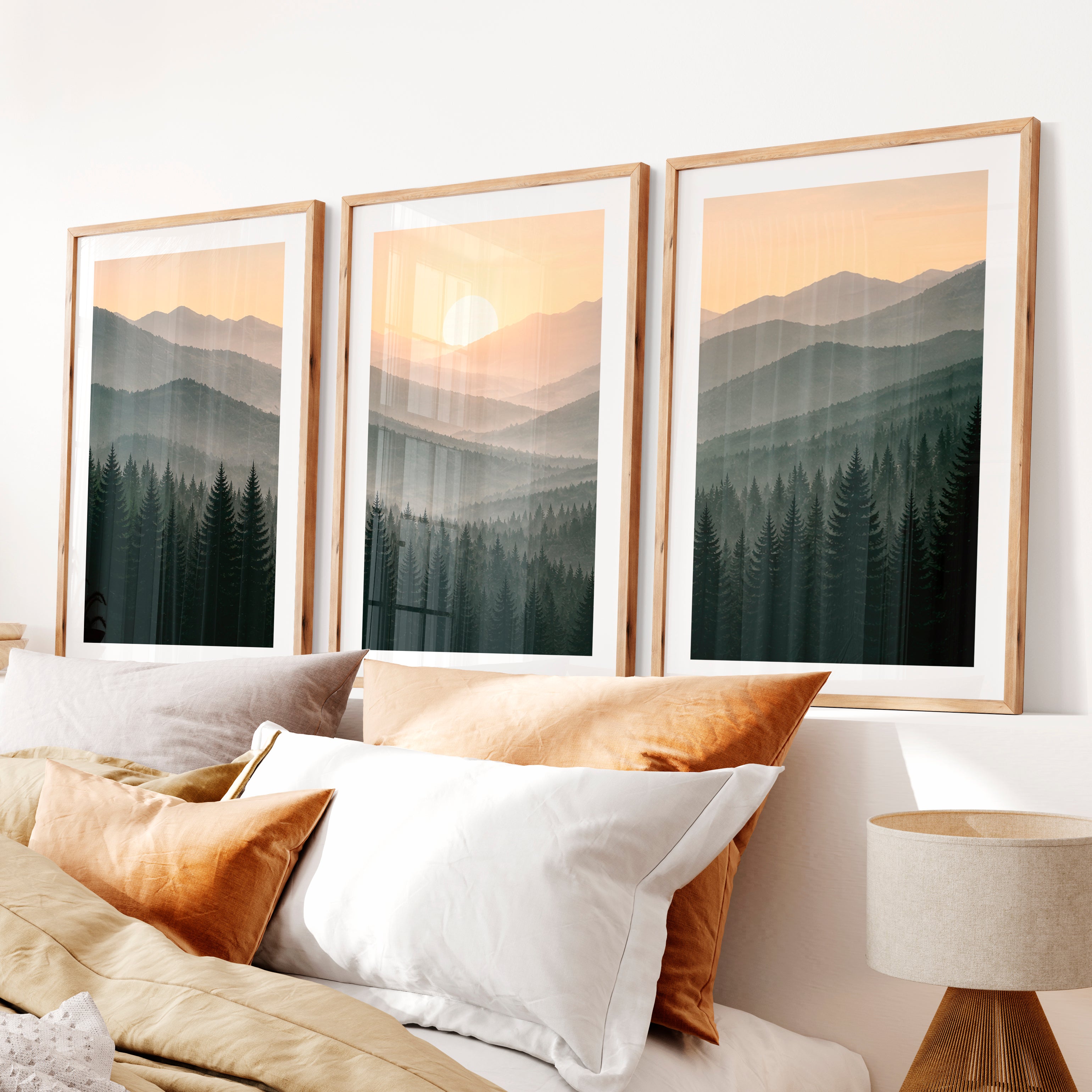 Misty Mountain Forest Japandi Artwork- Natural Wood Framed Poster with White Border - Artworksets
