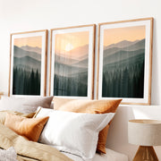 Misty Mountain Forest Japandi Artwork- Natural Wood Framed Poster with White Border - Artworksets
