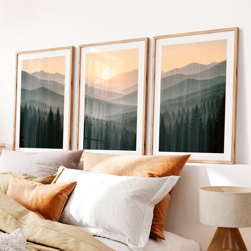 Misty Mountain Forest Japandi Artwork- Natural Wood Framed Poster with White Border - Artworksets