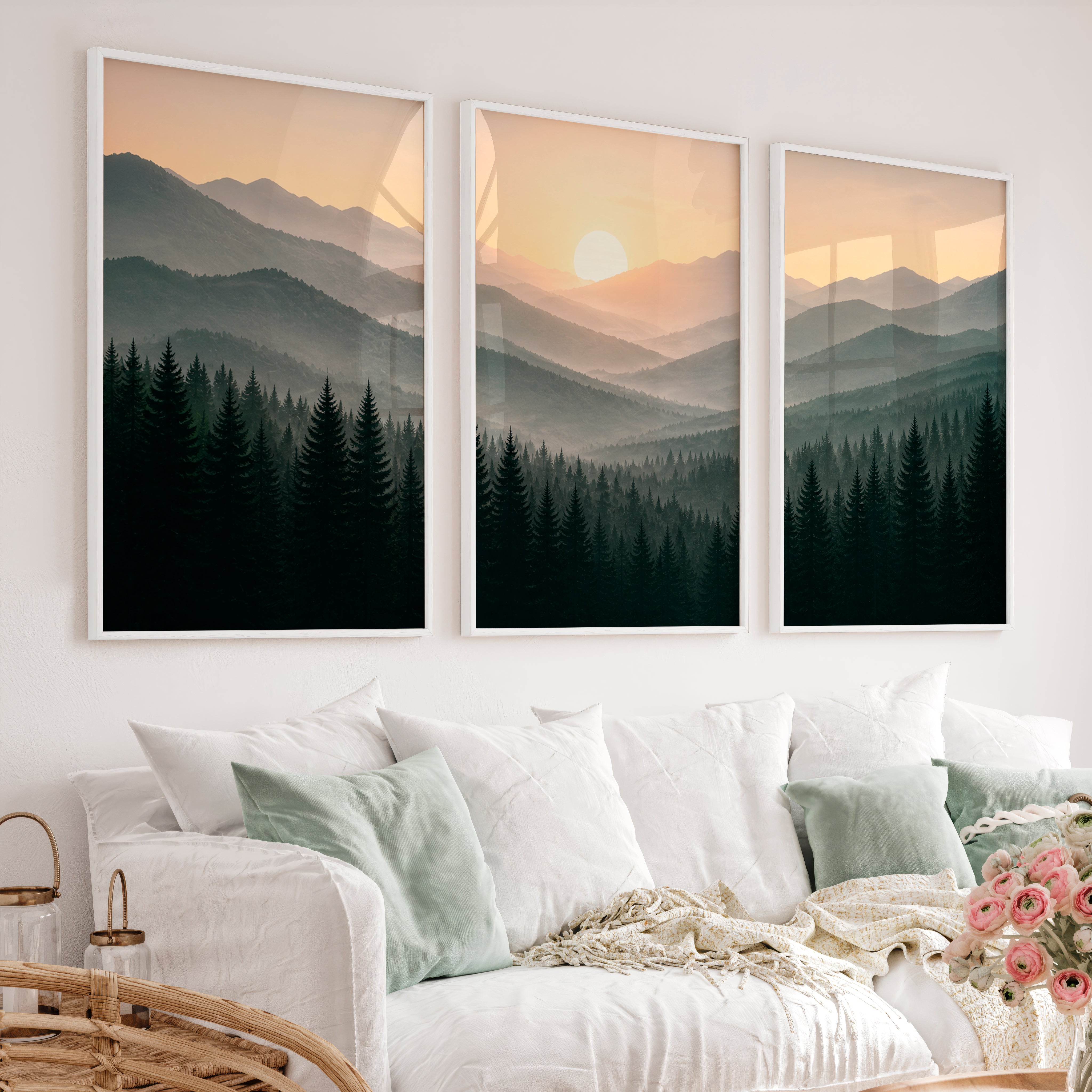 Misty Mountain Forest Japandi Artwork - White Framed Poster No Border - Artworksets