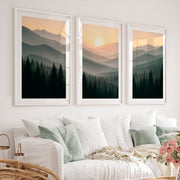 Misty Mountain Forest Japandi Artwork - White Framed Poster with White Border - Artworksets