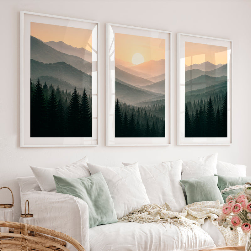 Misty Mountain Forest Japandi Artwork - White Framed Poster with White Border - Artworksets
