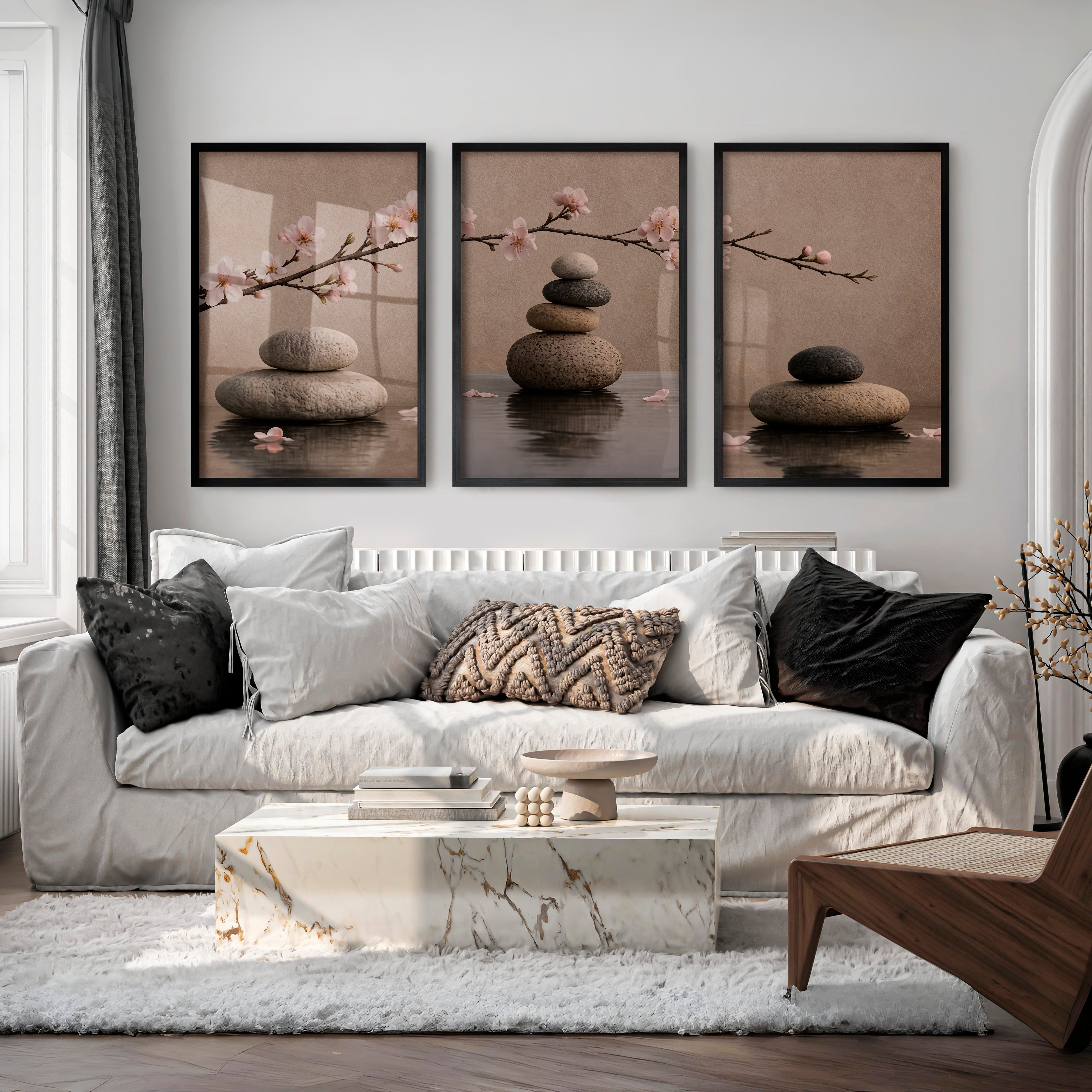 Stone Balance japandi artwork with Cherry Blossoms - Black Framed Poster No Border - Artworksets