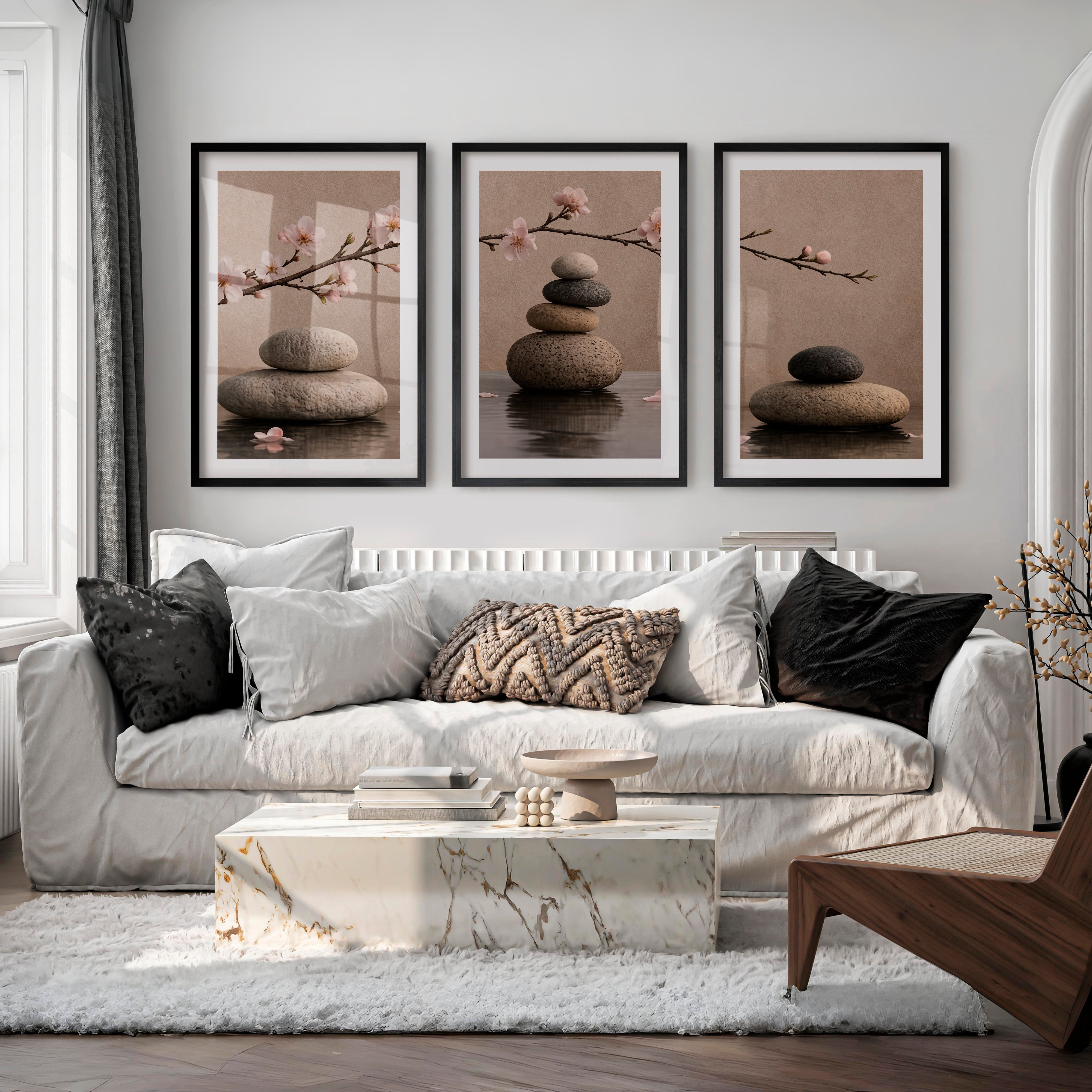 Stone Balance japandi artwork with Cherry Blossoms - Black Framed Poster with White Border - Artworksets