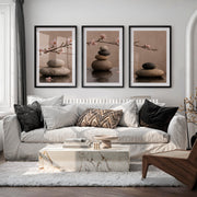 Stone Balance japandi artwork with Cherry Blossoms - Black Framed Poster with White Border - Artworksets