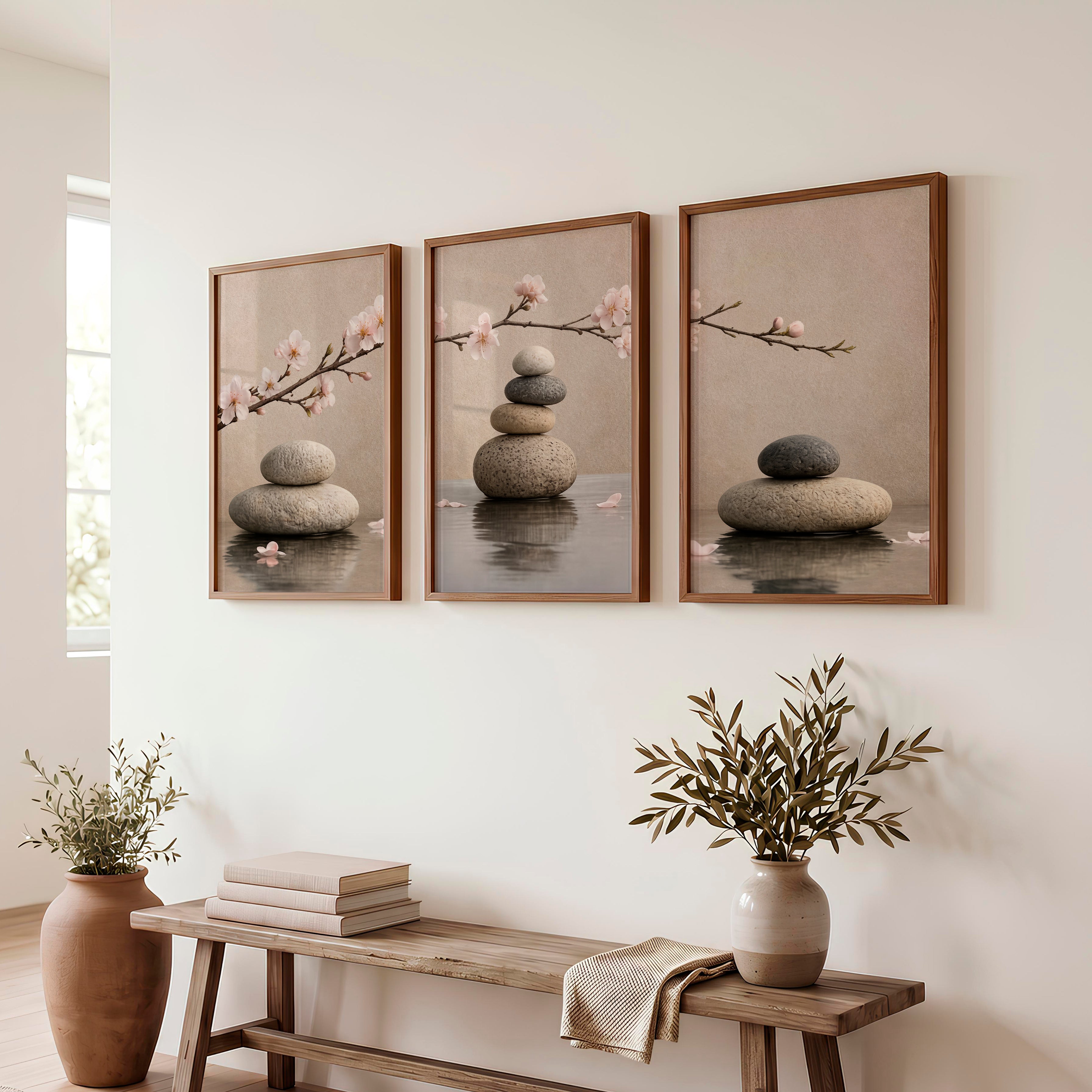 Stone Balance japandi artwork with Cherry Blossoms - Dark Brown Framed Poster No Border - Artworksets