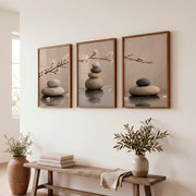 Stone Balance japandi artwork with Cherry Blossoms - Dark Brown Framed Poster No Border - Artworksets