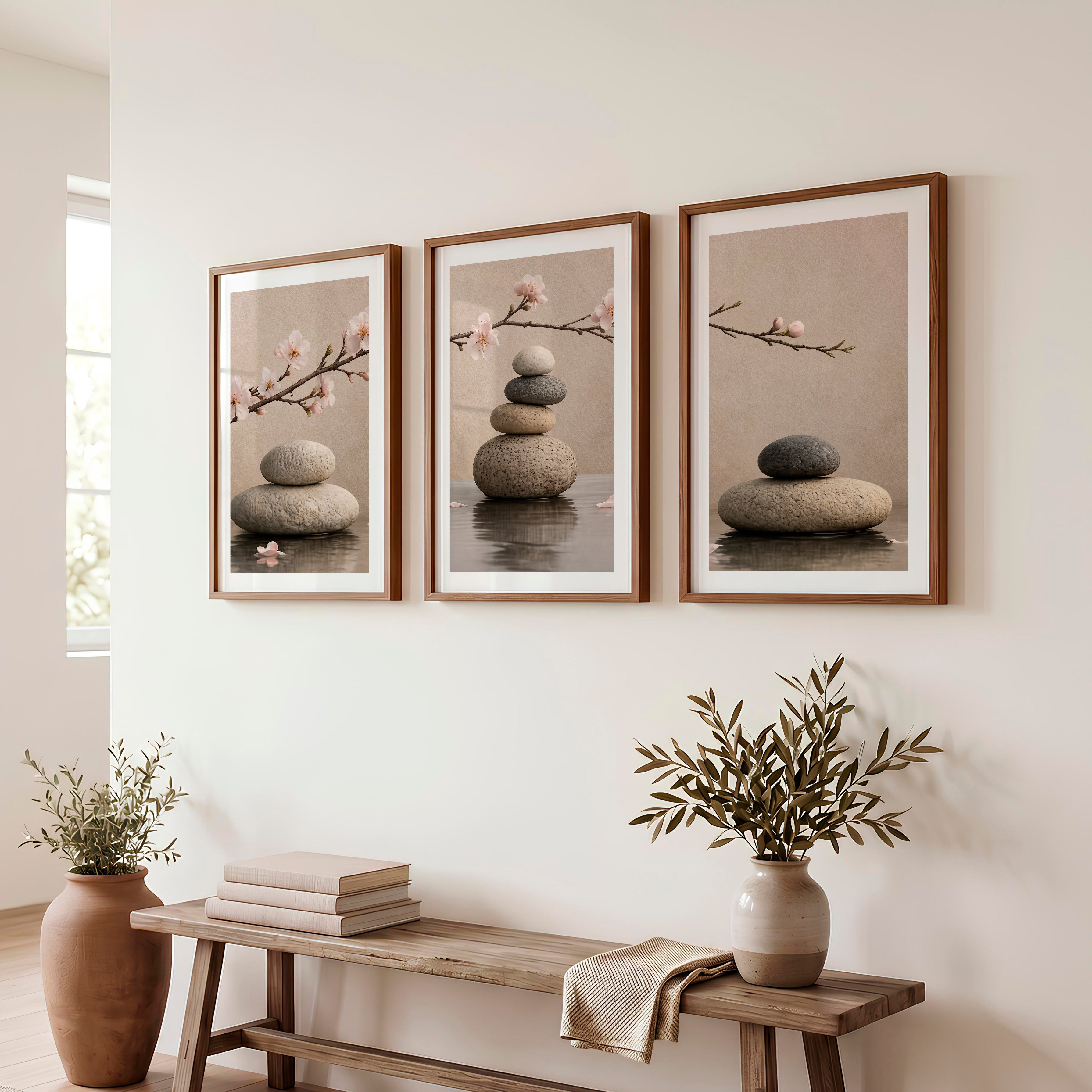 Stone Balance japandi artwork with Cherry Blossoms - Dark Brown Framed Poster with White Border - Artworksets