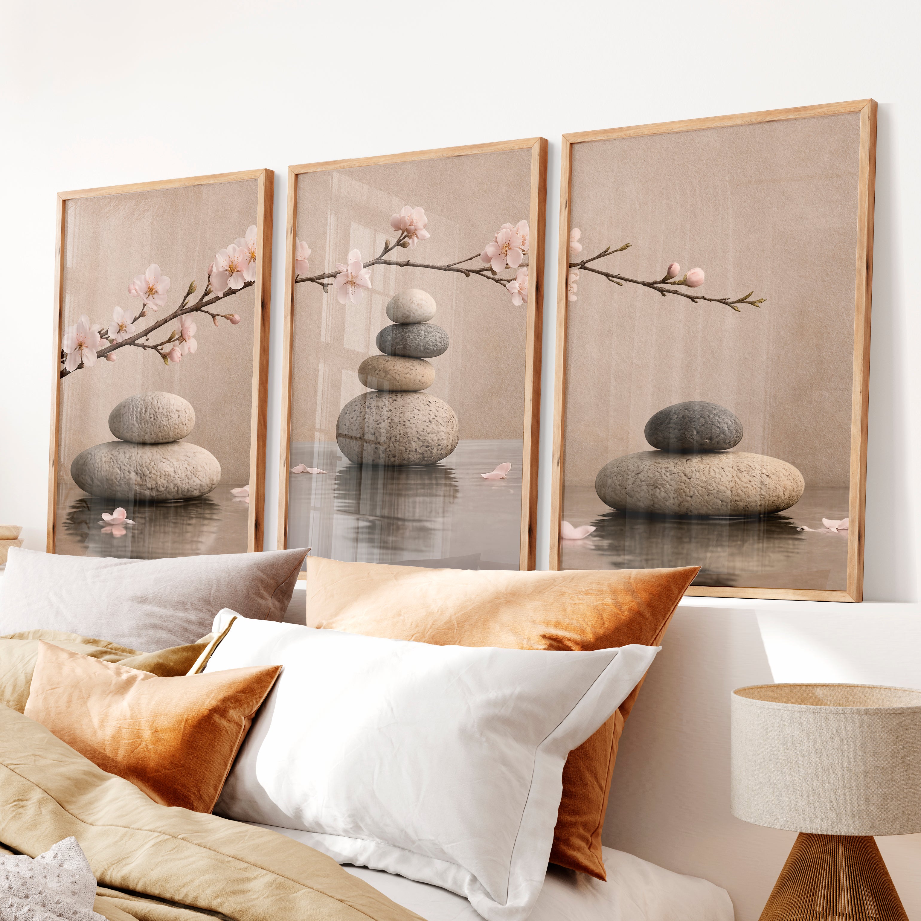 Stone Balance japandi artwork with Cherry Blossoms - Natural Wood Framed Poster No Border - Artworksets