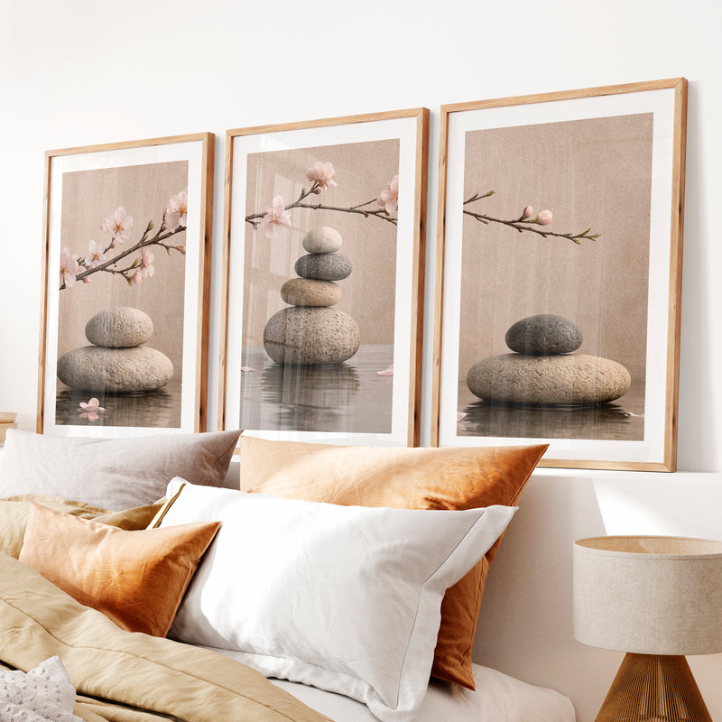 Stone Balance japandi artwork with Cherry Blossoms- Natural Wood Framed Poster with White Border - Artworksets