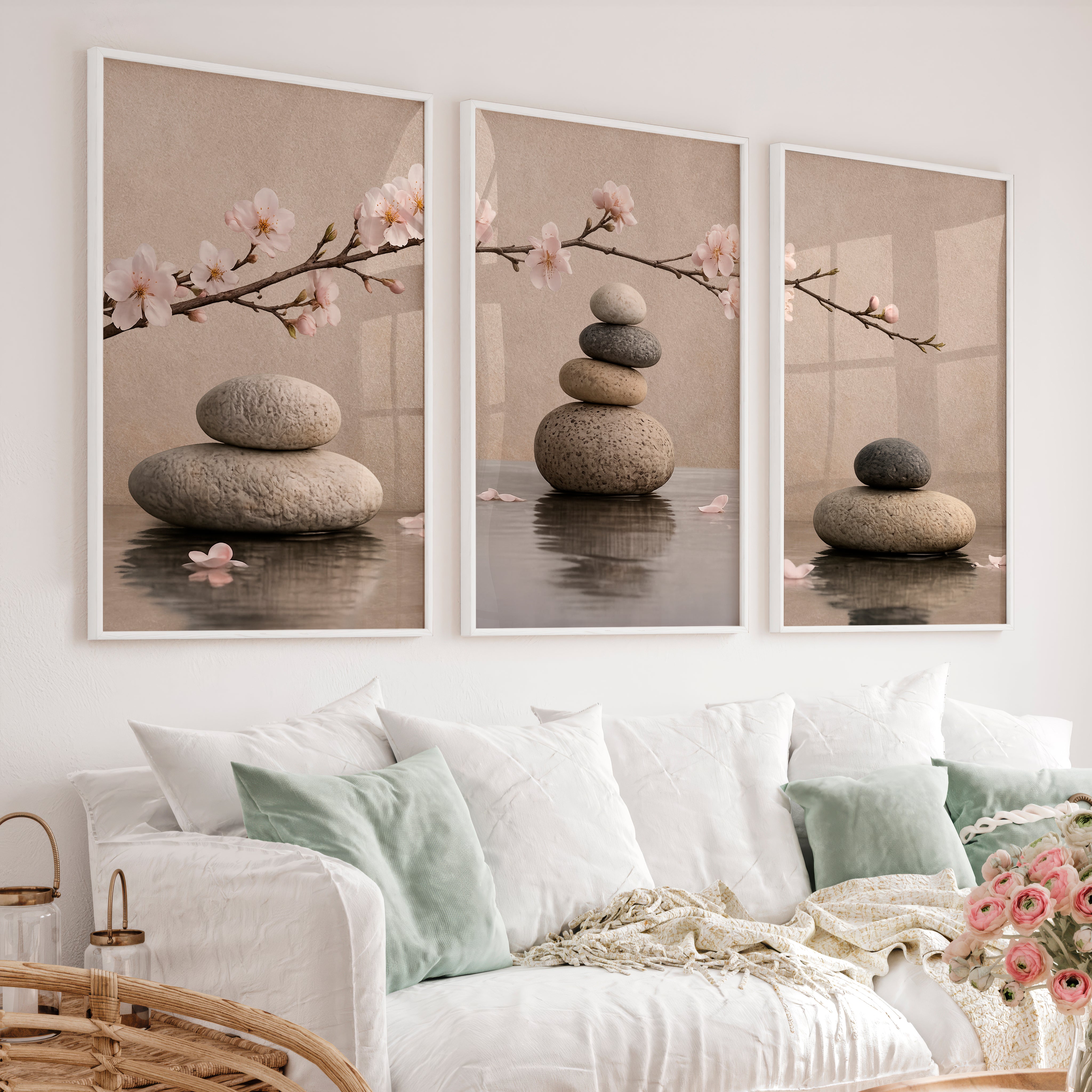 Stone Balance japandi artwork with Cherry Blossoms - White Framed Poster No Border - Artworksets