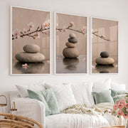 Stone Balance japandi artwork with Cherry Blossoms - White Framed Poster No Border - Artworksets