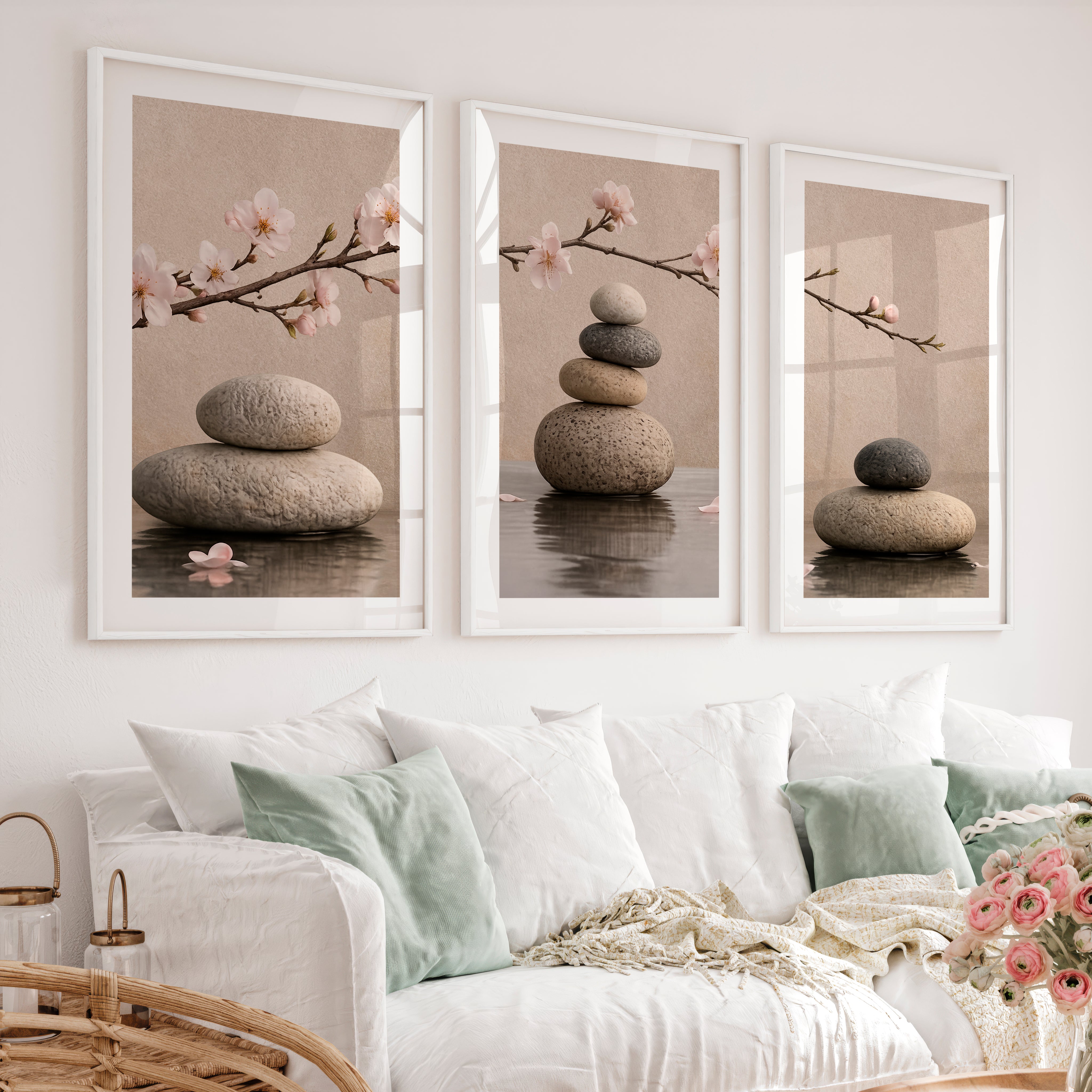 Stone Balance japandi artwork with Cherry Blossoms - White Framed Poster with White Border - Artworksets