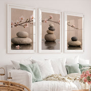 Stone Balance japandi artwork with Cherry Blossoms - White Framed Poster with White Border - Artworksets