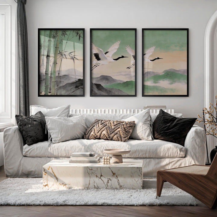 Flying Cranes japandi over Bamboo Hills - Black Framed Poster No Border - Artworksets