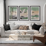 Flying Cranes japandi over Bamboo Hills - Black Framed Poster with White Border - Artworksets