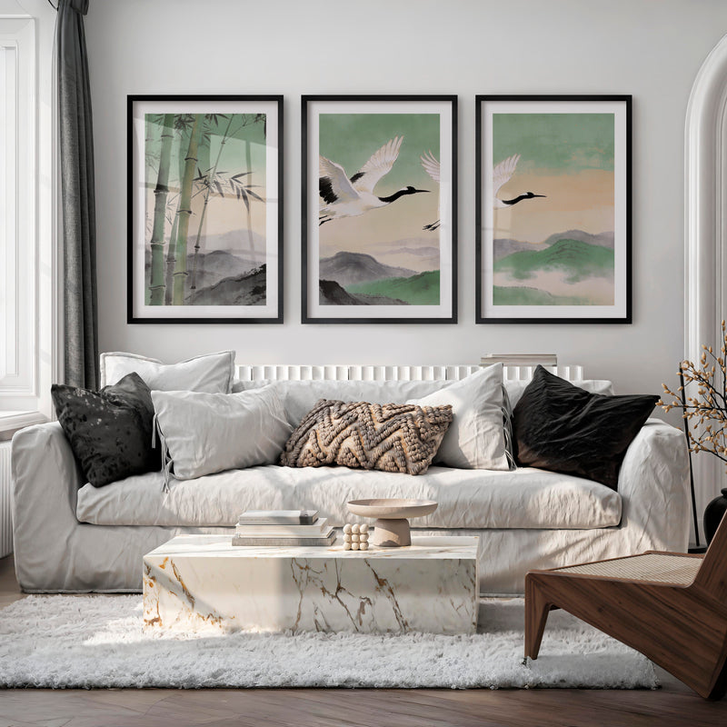 Flying Cranes japandi over Bamboo Hills - Black Framed Poster with White Border - Artworksets