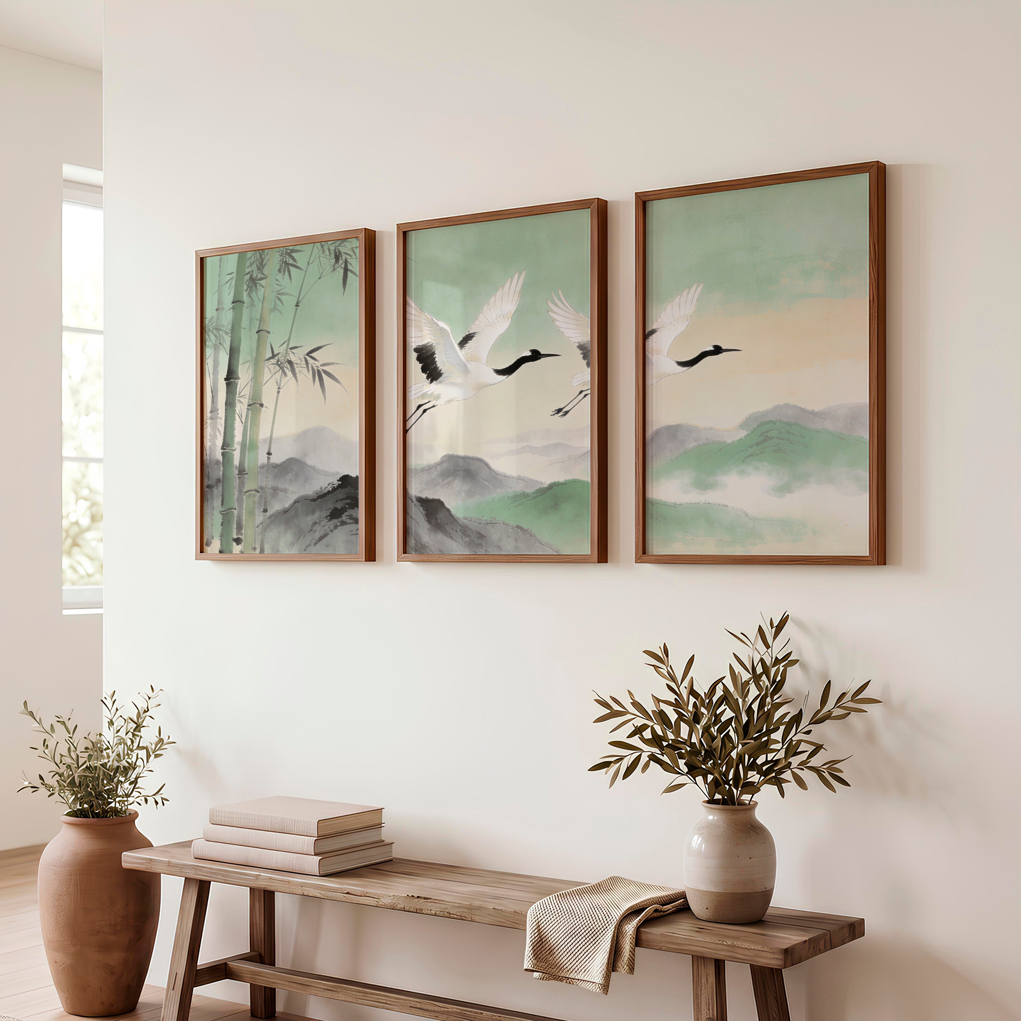 Flying Cranes japandi over Bamboo Hills - Dark Brown Framed Poster No Border - Artworksets