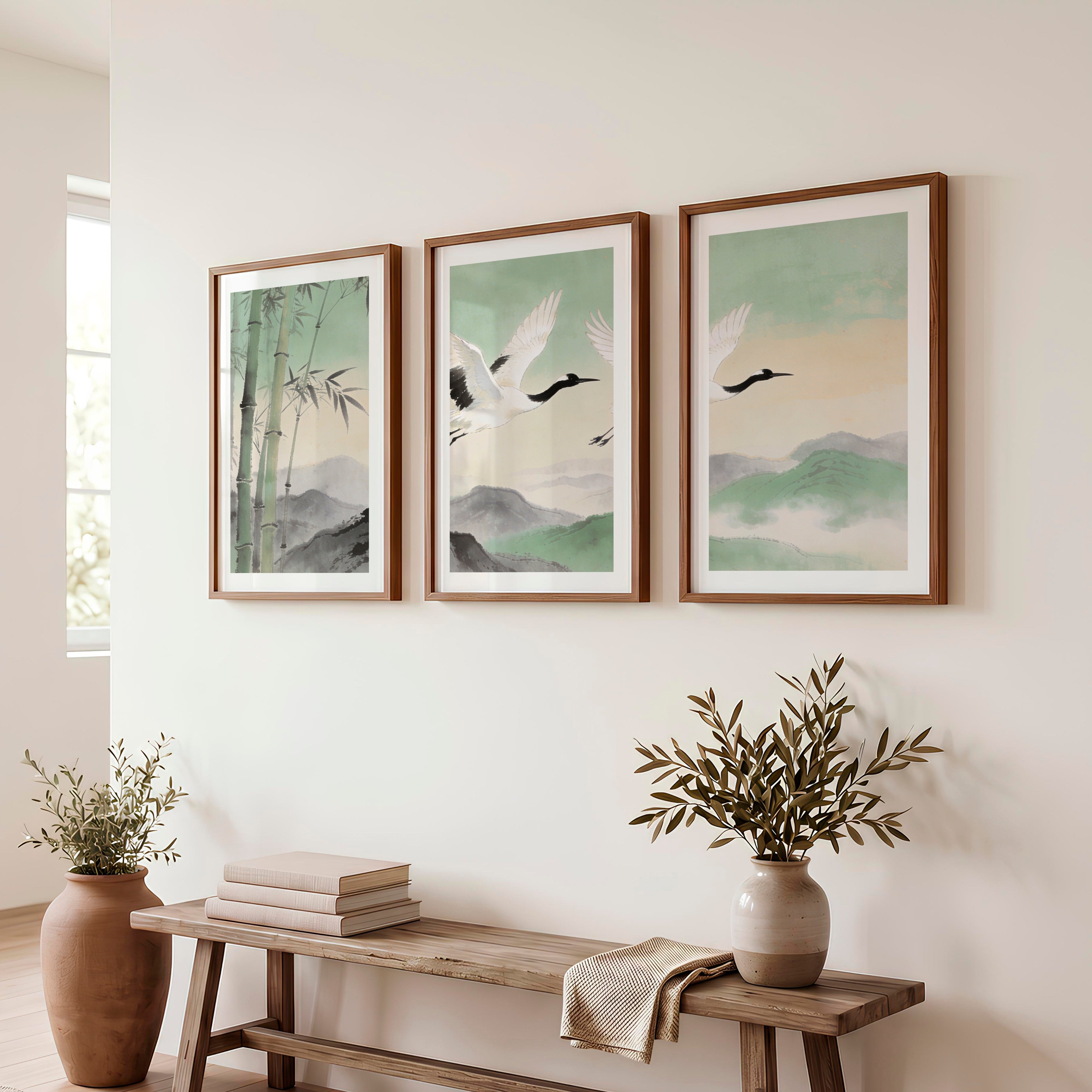 Flying Cranes japandi over Bamboo Hills - Dark Brown Framed Poster with White Border - Artworksets