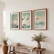 Flying Cranes japandi over Bamboo Hills - Dark Brown Framed Poster with White Border - Artworksets
