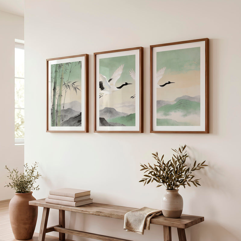Flying Cranes japandi over Bamboo Hills - Dark Brown Framed Poster with White Border - Artworksets