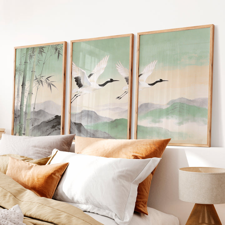 Flying Cranes japandi over Bamboo Hills - Natural Wood Framed Poster No Border - Artworksets