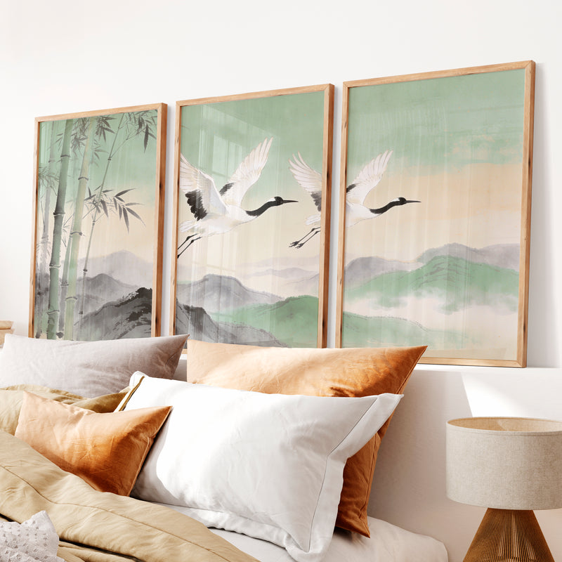 Flying Cranes japandi over Bamboo Hills - Natural Wood Framed Poster No Border - Artworksets