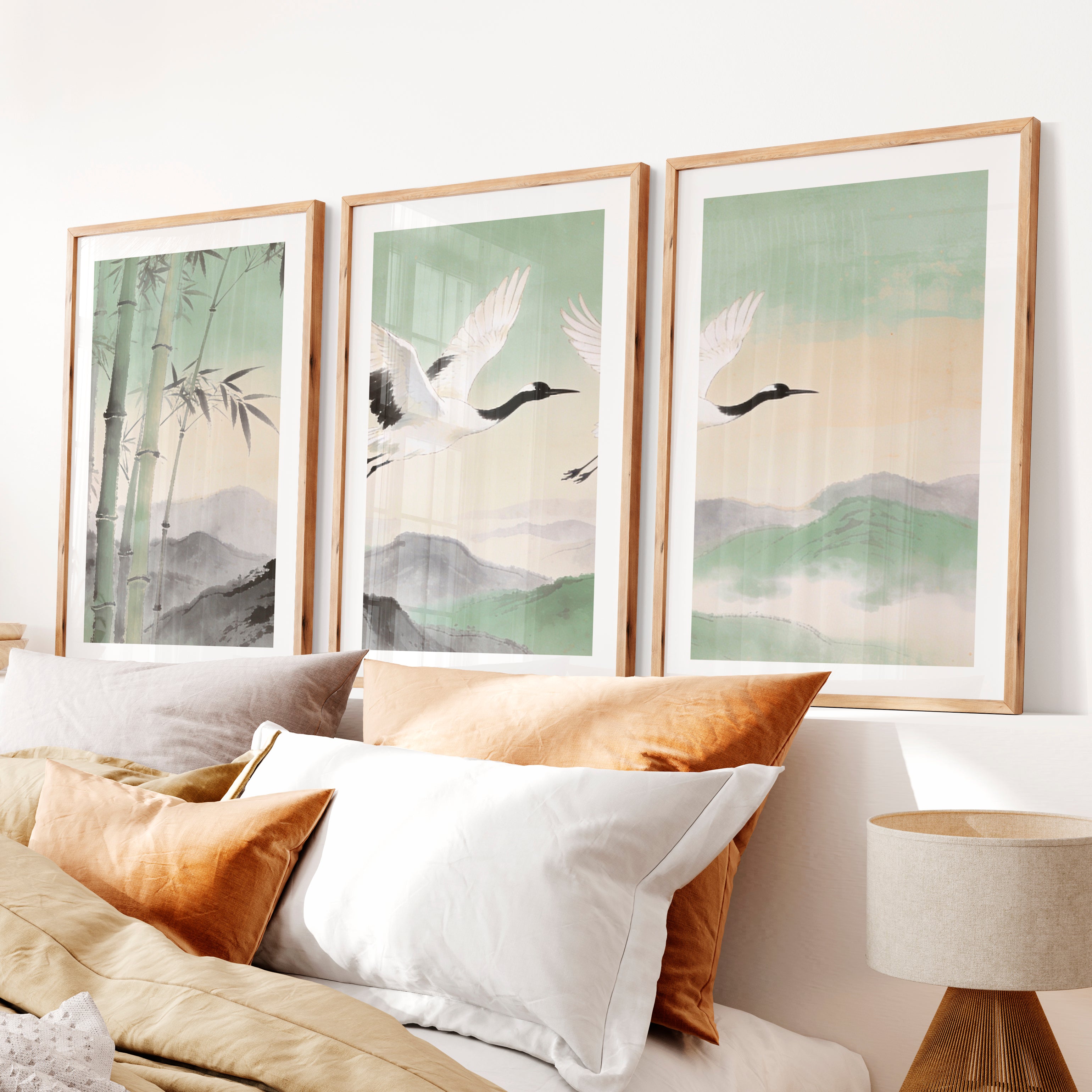 Flying Cranes japandi over Bamboo Hills- Natural Wood Framed Poster with White Border - Artworksets