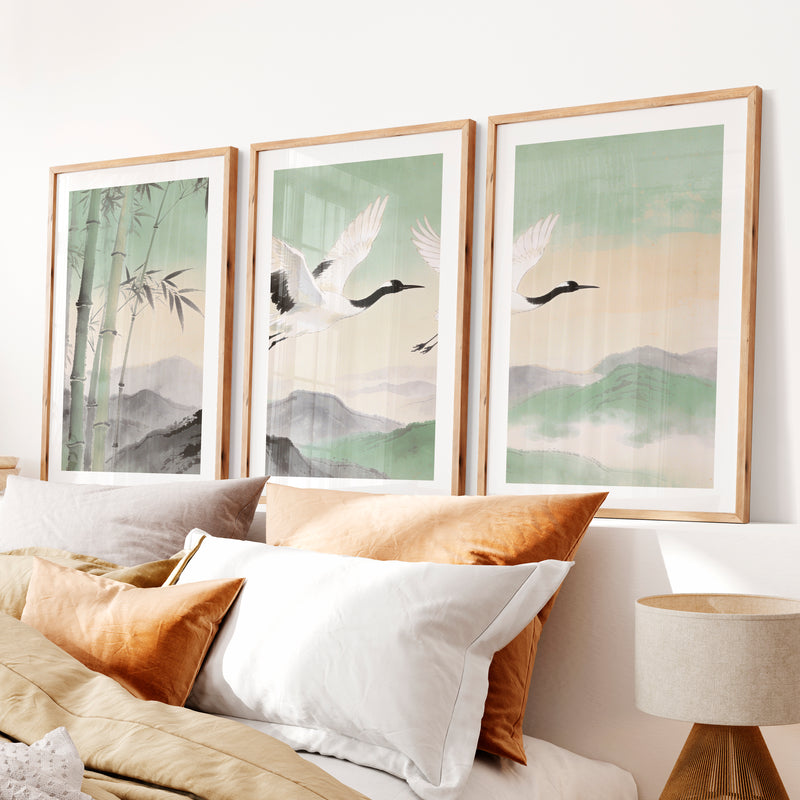 Flying Cranes japandi over Bamboo Hills- Natural Wood Framed Poster with White Border - Artworksets