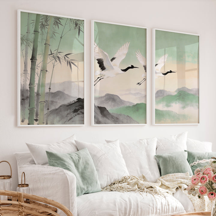 Flying Cranes japandi over Bamboo Hills - White Framed Poster No Border - Artworksets