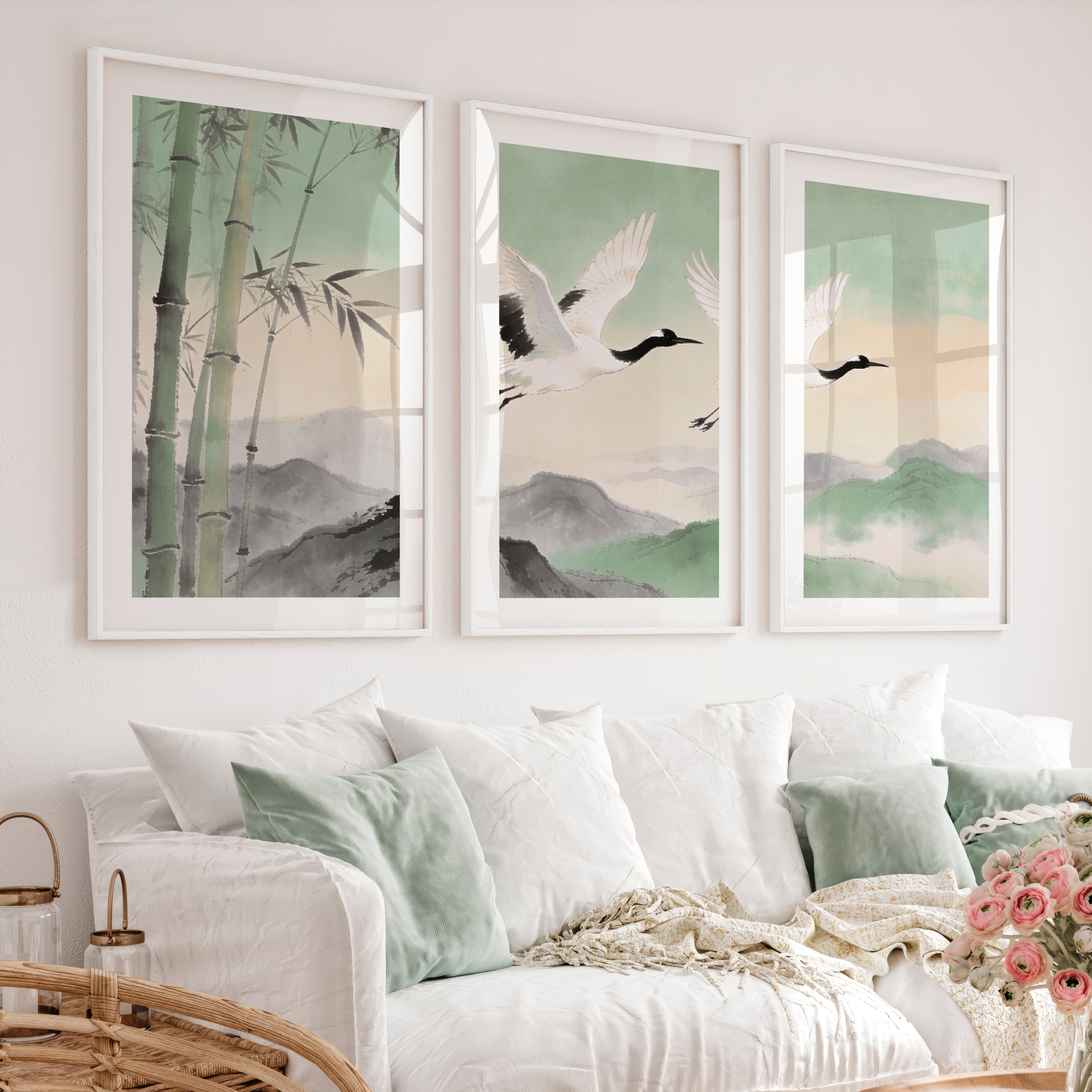 Flying Cranes japandi over Bamboo Hills - White Framed Poster with White Border - Artworksets