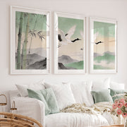 Flying Cranes japandi over Bamboo Hills - White Framed Poster with White Border - Artworksets
