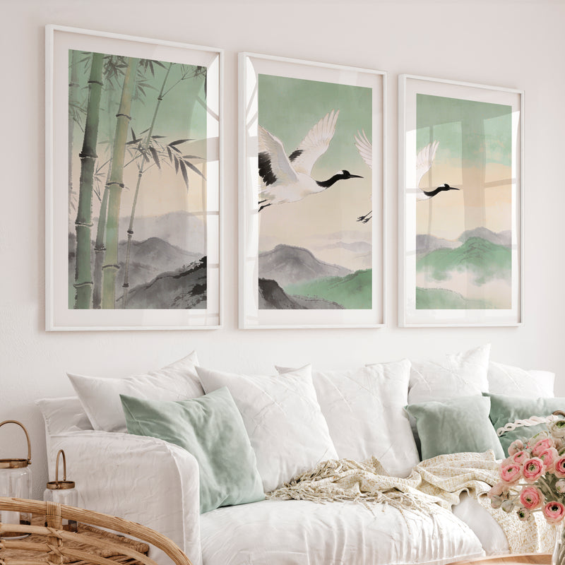 Flying Cranes japandi over Bamboo Hills - White Framed Poster with White Border - Artworksets