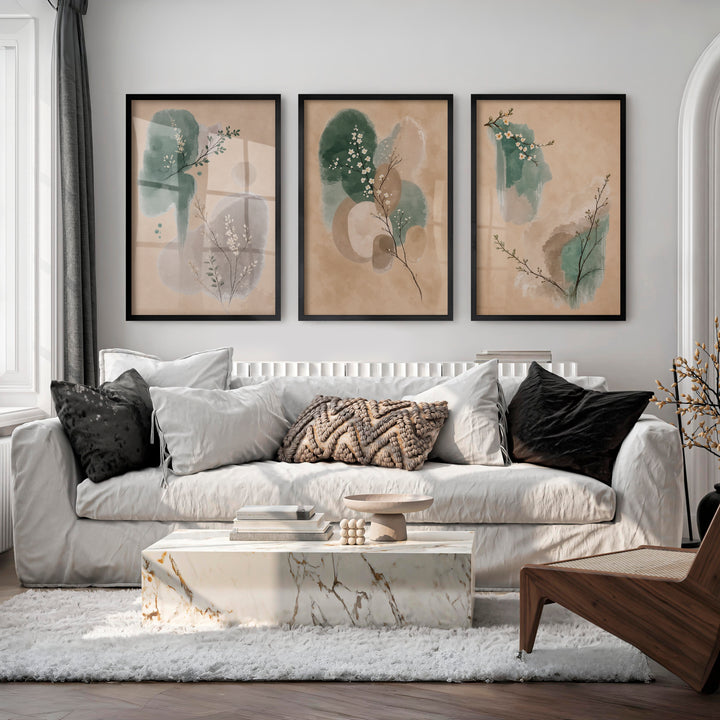 White Blossom Panels for japandi decor - Black Framed Poster No Border - Artworksets