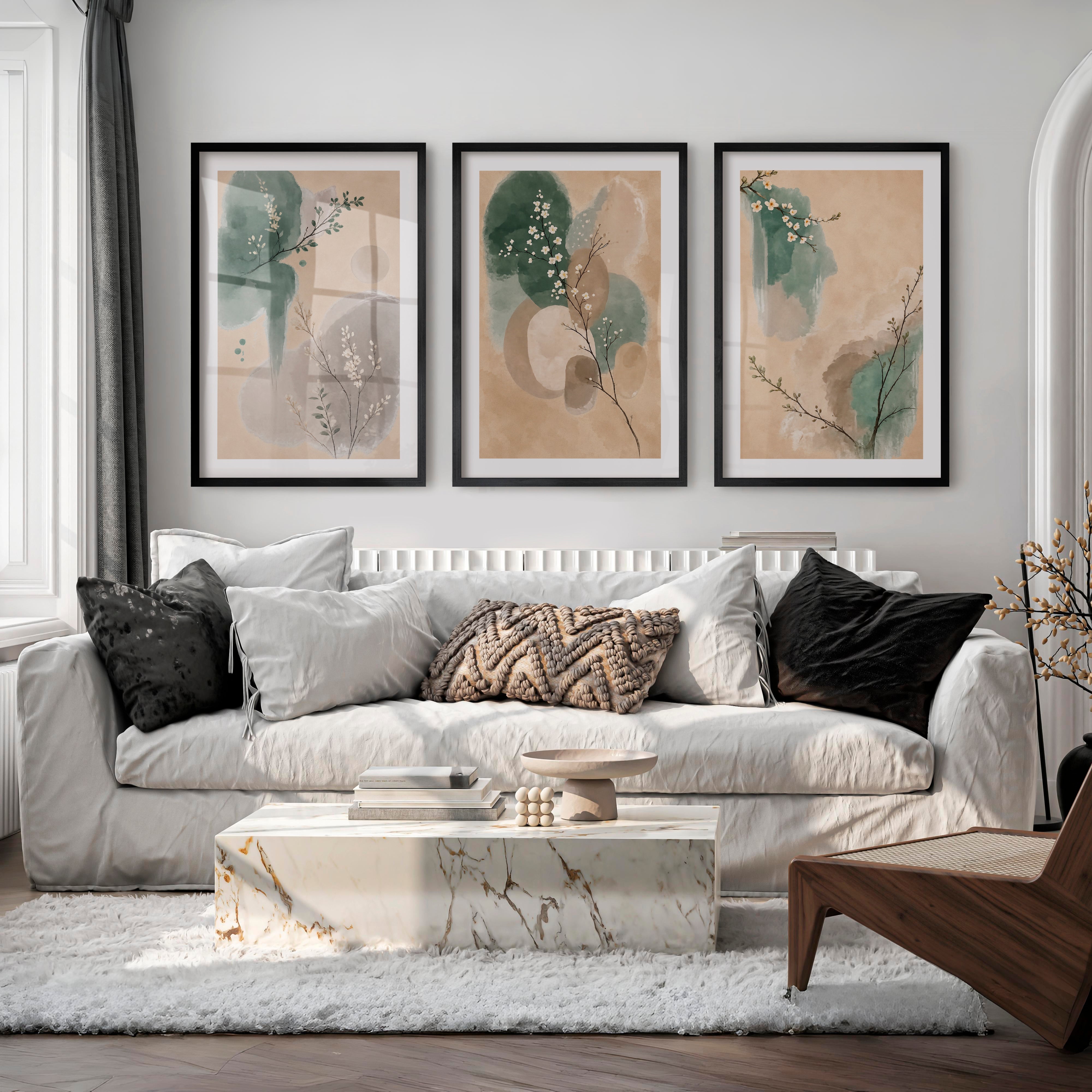 White Blossom Panels for japandi decor - Black Framed Poster with White Border - Artworksets