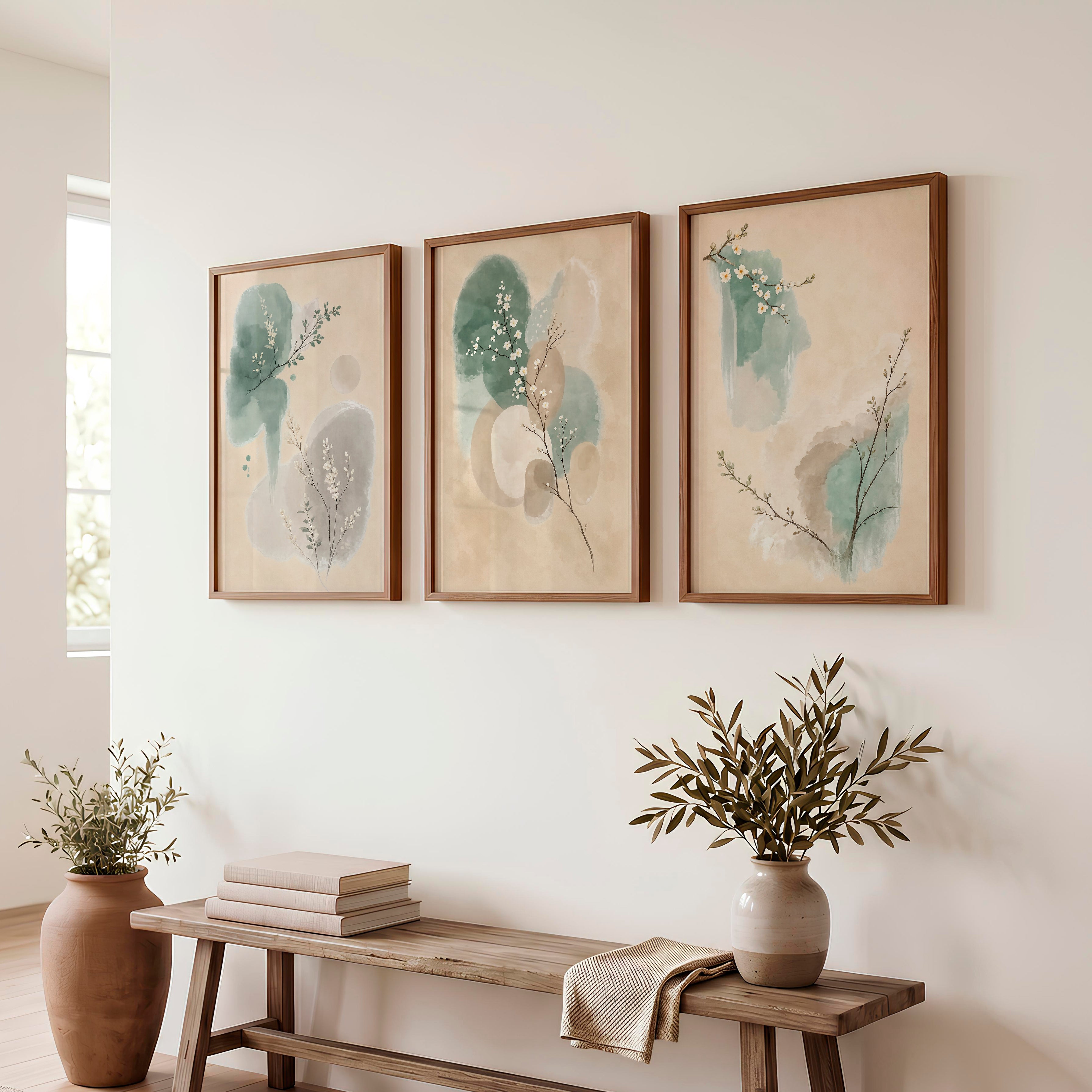 White Blossom Panels for japandi decor - Dark Brown Framed Poster No Border - Artworksets