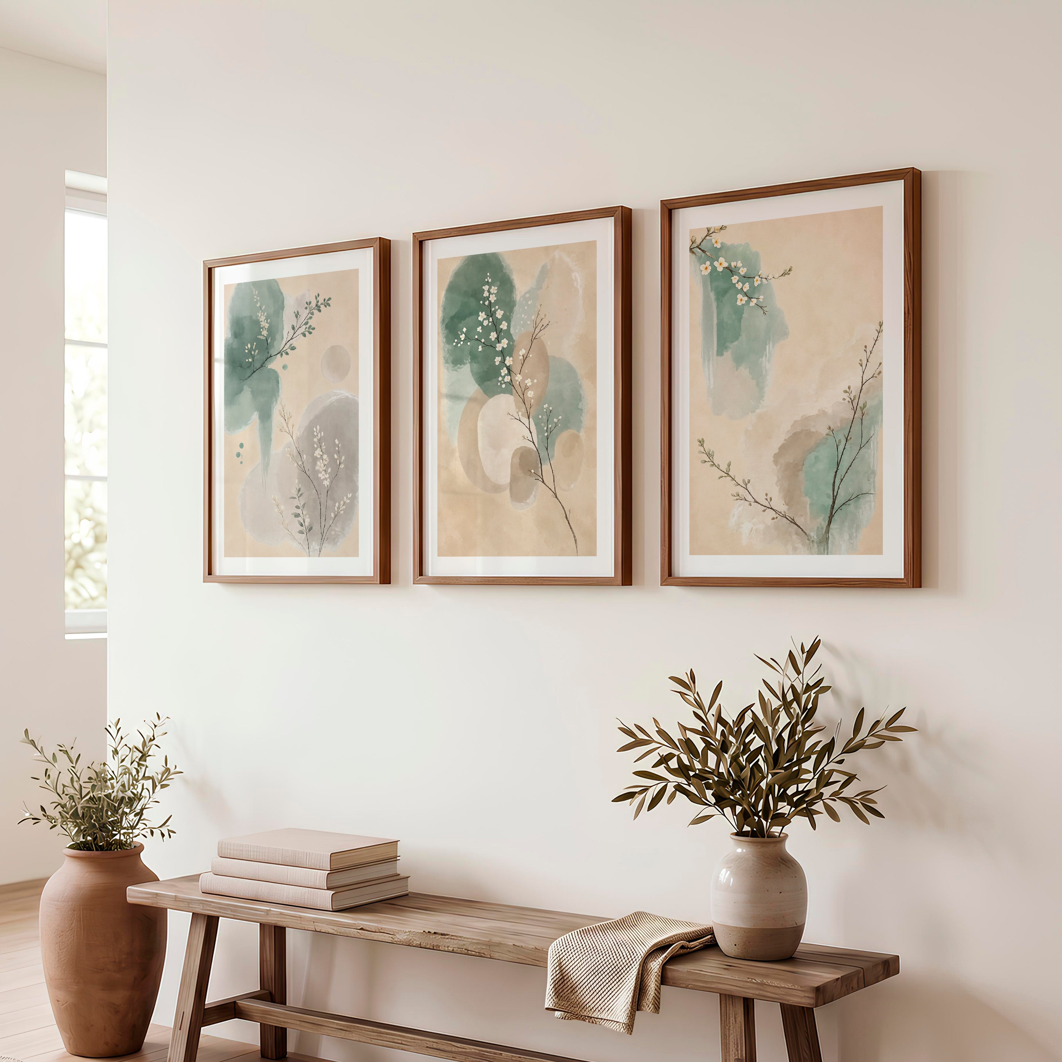 White Blossom Panels for japandi decor - Dark Brown Framed Poster with White Border - Artworksets