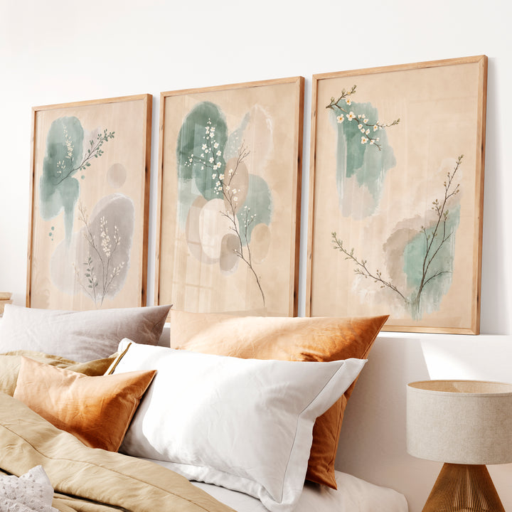 White Blossom Panels for japandi decor - Natural Wood Framed Poster No Border - Artworksets