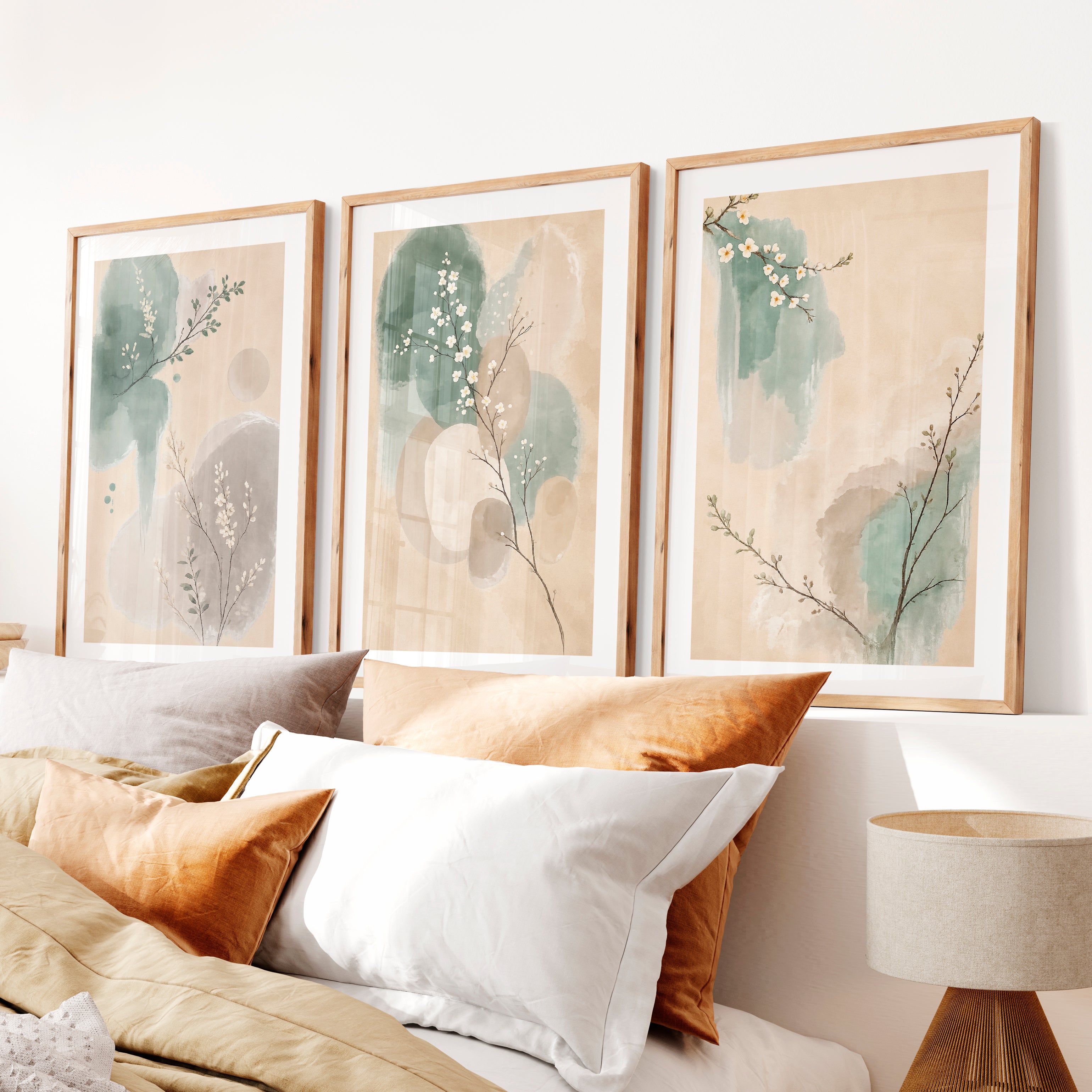 White Blossom Panels for japandi decor- Natural Wood Framed Poster with White Border - Artworksets