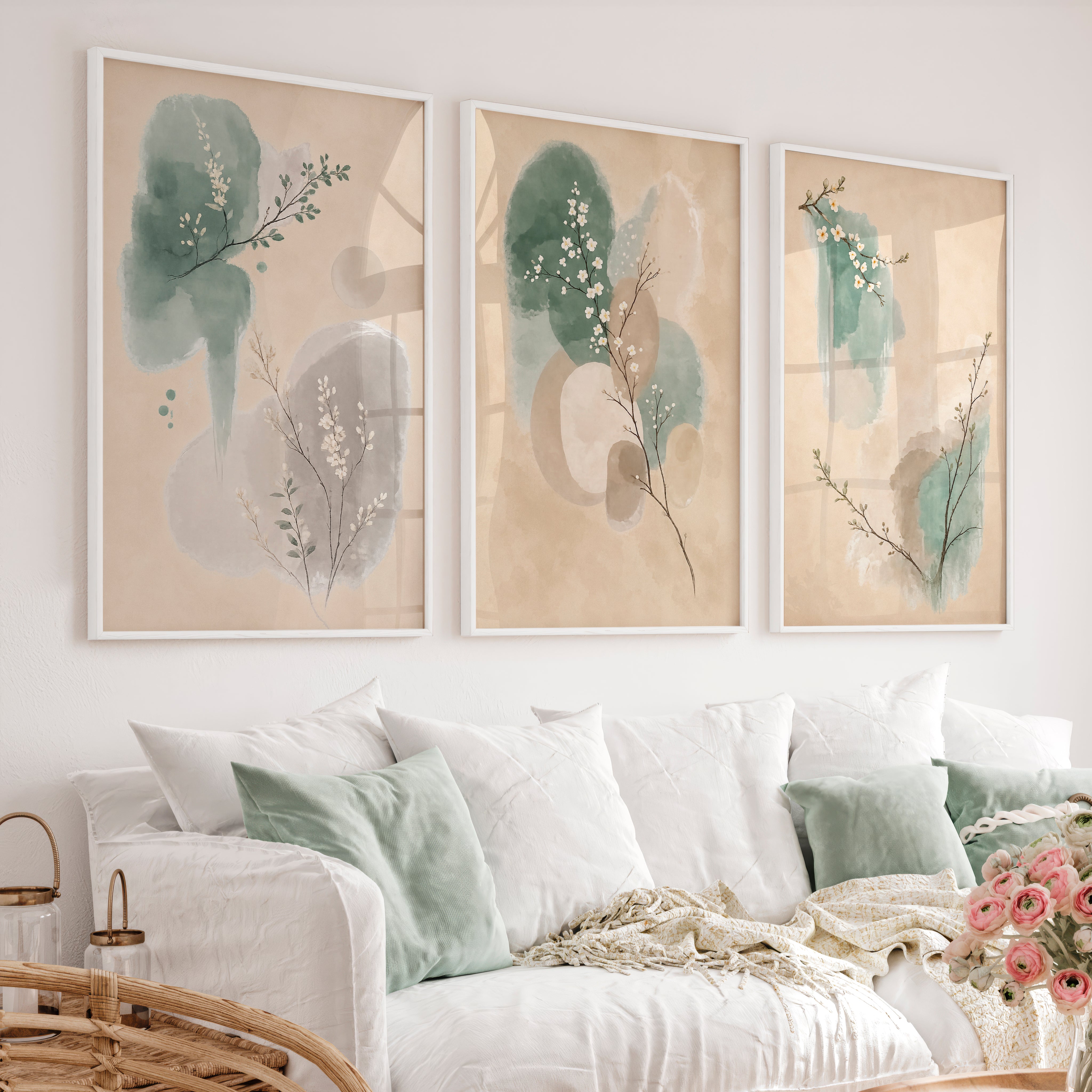 White Blossom Panels for japandi decor - White Framed Poster No Border - Artworksets