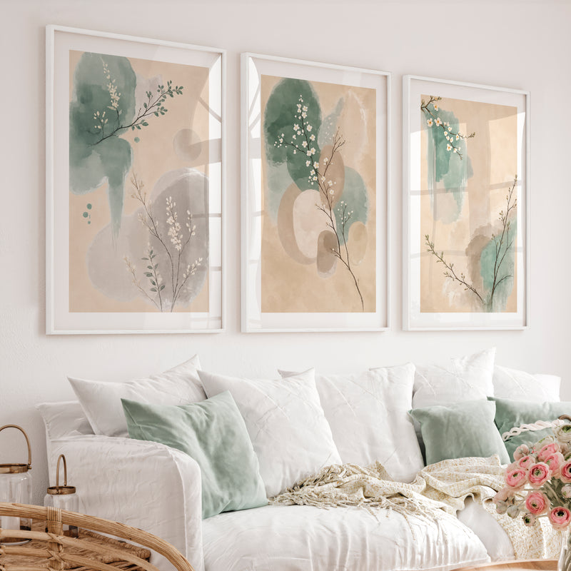 White Blossom Panels for japandi decor - White Framed Poster with White Border - Artworksets
