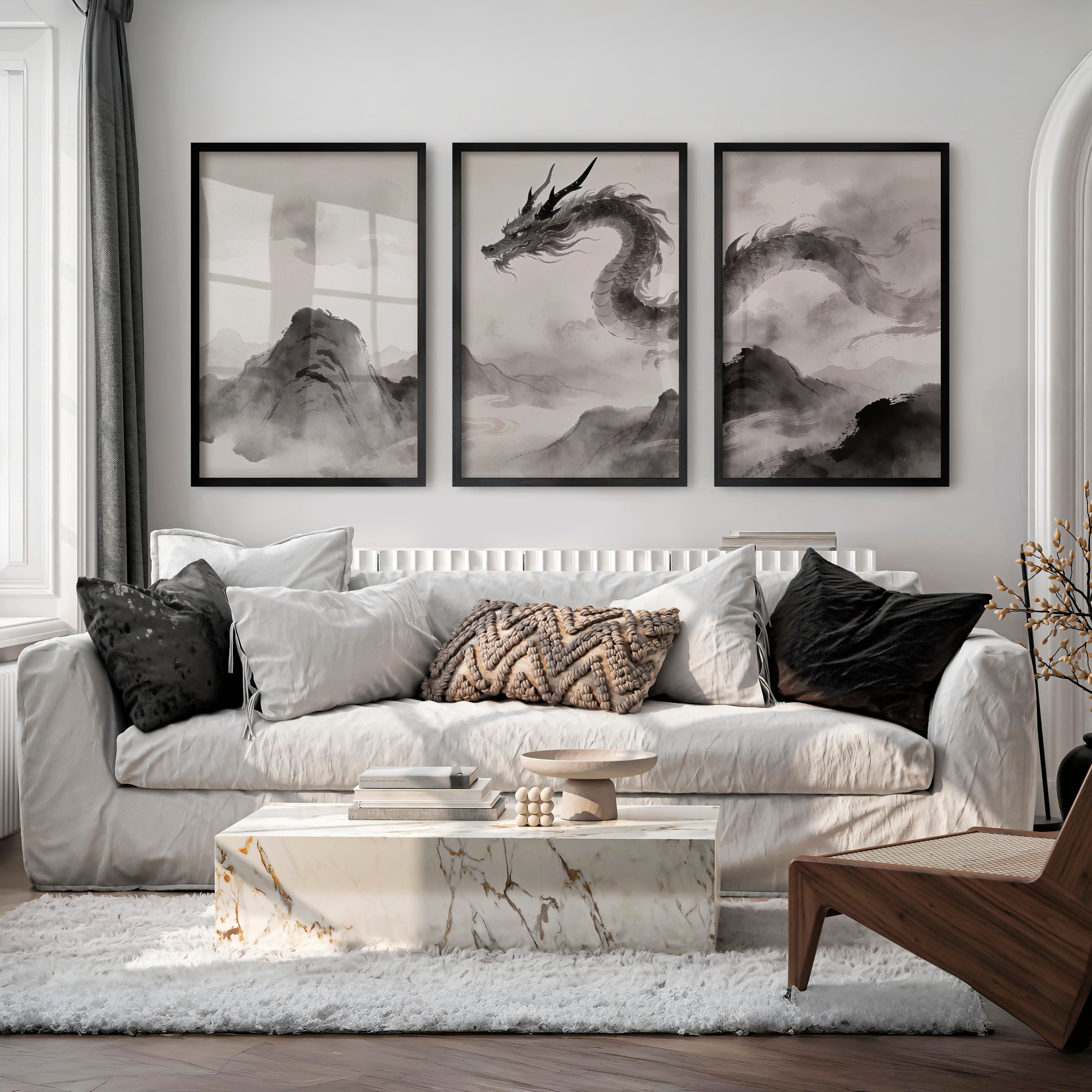 Dragon Over Misty Mountains in japandi decor - Black Framed Poster No Border - Artworksets